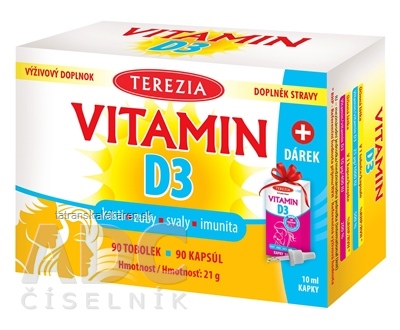 TEREZIA Vitamín D3 1000 IU cps 1x90 ks + darček kvapky Vitamín D3 BABY 400 IU 1x10 ml, 1x1 set