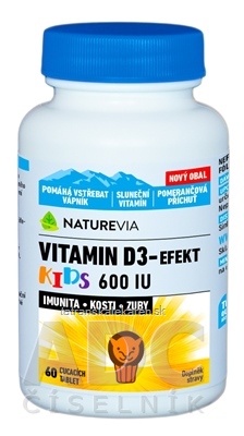 SWISS NATUREVIA VITAMIN D3-EFEKT KIDS 600 I.U. cmúľacie pastilky s pomarančovou príchuťou 1x60 ks