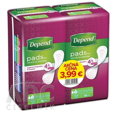 DEPEND MINI AKCIOVÁ CENA (duopack) inkontinenčné vložky pre ženy, 9x24 cm, savosť 185 ml, 2x14 ks (28 ks), 1x1 set